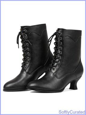 Victorian Ankle Boots Womens PU Leather Block Heel Renaissance Booties